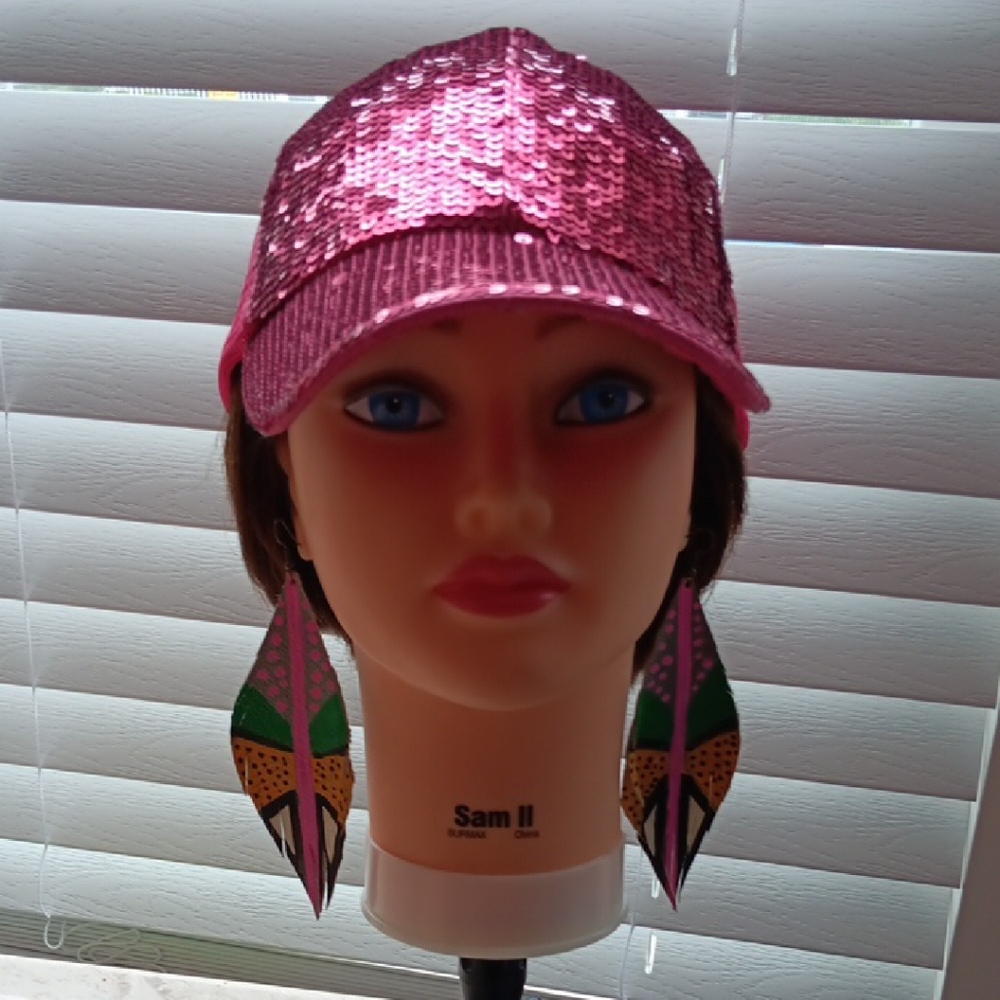 Pink Sequin Cap And Leather Earrings - image 1